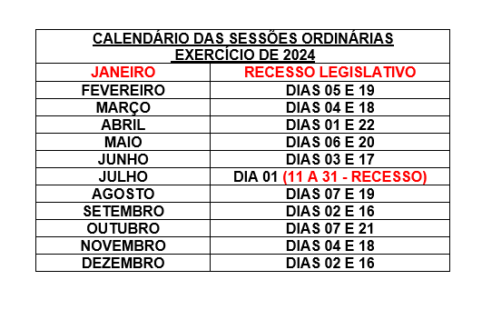Calendário das Sessões Ordinárias 2024